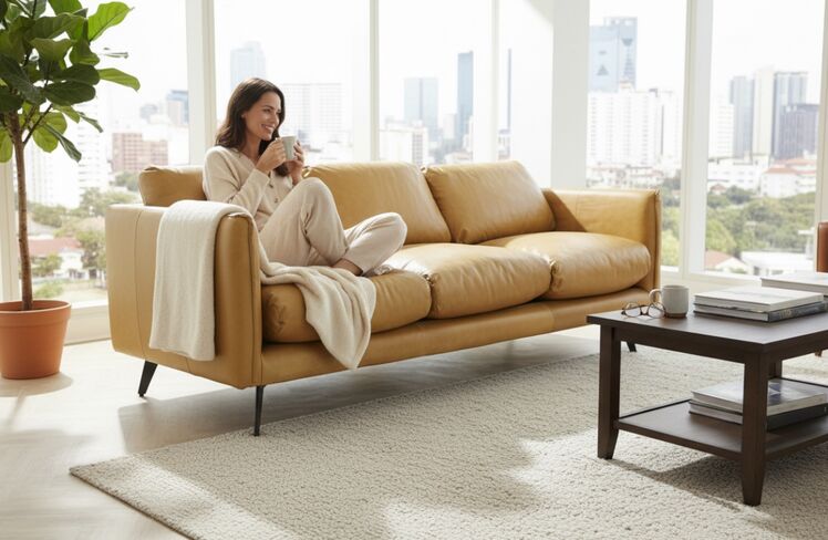Ottavia Sand Leather 3 Seater Modern Sofa