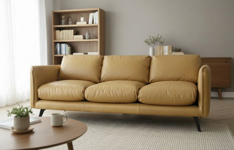 Ottavia Sand Leather 3 Seater Modern Sofa