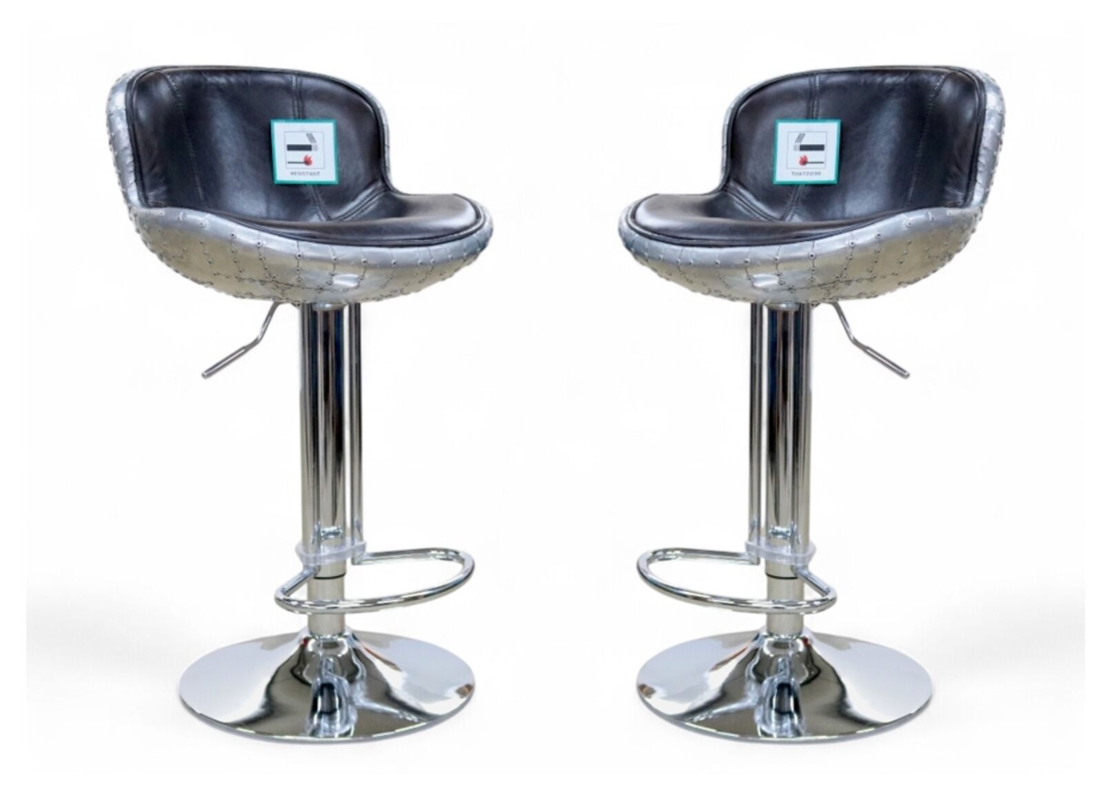 Pair Of Aviator Adjustable Swivel Breakfast Bar Stools Tobacco Brown Leather & Aluminium Finish