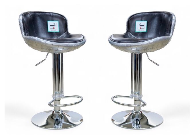 Pair Of Aviator Adjustable Swivel Breakfast Bar Stools – Tobacco Brown Leather & Aluminum Finish
