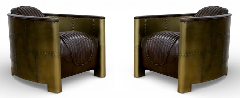 Pair Of Aviator Hawker Antique Brass Vintage Brown Distressed Leather Man Cave Chairs
