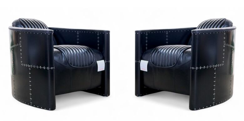 Pair Of Aviator Leather Armchairs – Industrial Rivet Accent Chairs | Modern Man Cave Loft Furniture