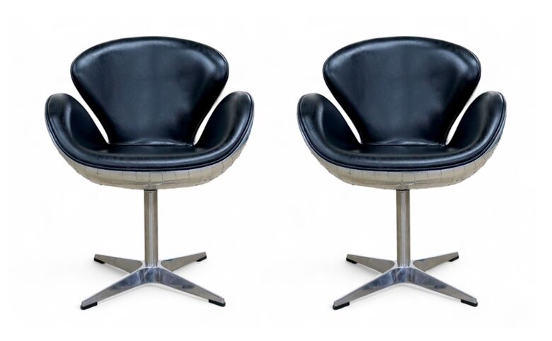 Pair Of Aviator Vintage Black Distressed Leather Swan Chairs