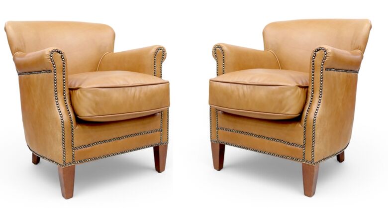 Pair Of Caramel Tan Vintage Nappa Real Leather Armchairs