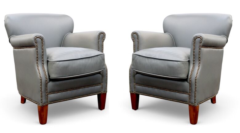 Pair Of Grey Leather Club Chairs With Nailhead Trim