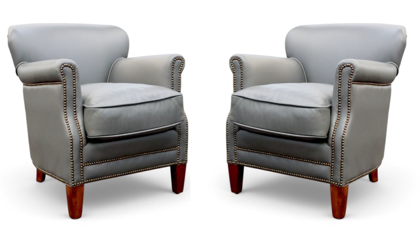 Pair Of Grey Leather Club Chairs With Nailhead Trim