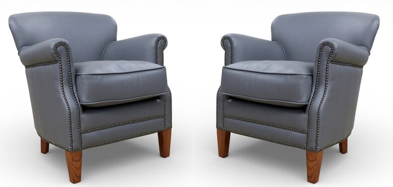Pair Of Steel Grey Leather Club Chairs With Nailhead Trim