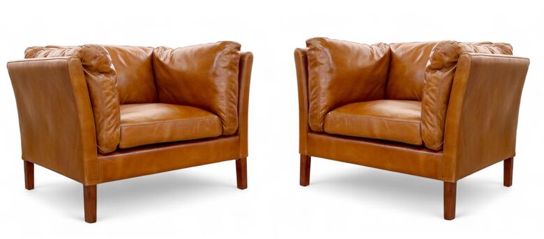 Pair Of Luxurious Mid-Century Modern Leather Armchairs – Vintage Tan