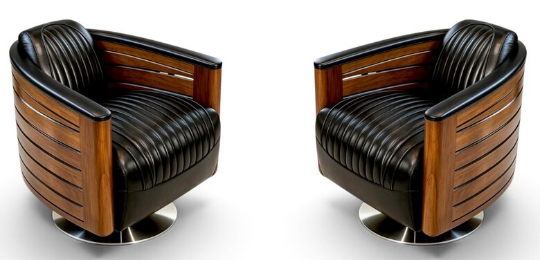 Pair Of Luxury Art Deco Swivel Tub Chairs - Walnut & Black Leather