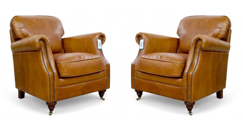 Pair Of Luxury Vintage Tan Distressed Real Leather Armchairs