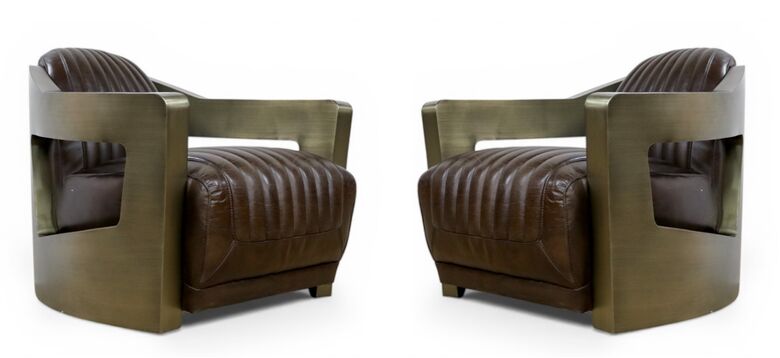 Pair Of Man Cave Aviator Antique Brass Luxury Vintage Brown Leather Armchairs