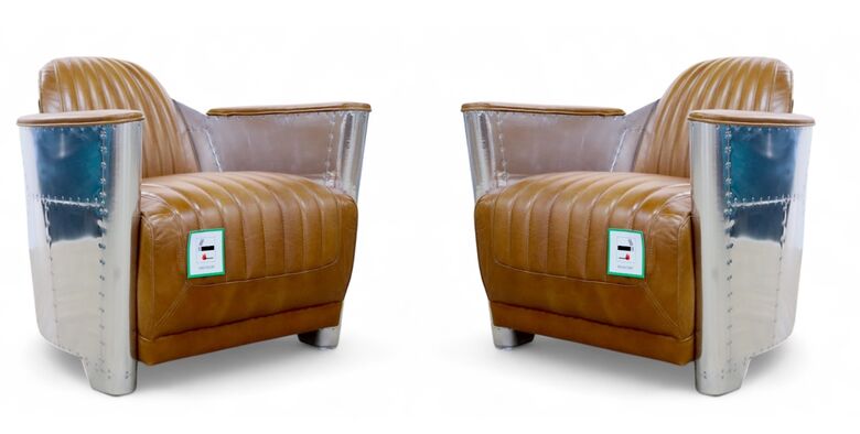 Pair Of Man Cave Aviator Aviation Rocket Tub Chairs Vintage Tan Real Leather