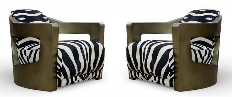 Pair Of Man Cave Aviator Luxury Zebra Hide Leather Lounge Armchairs Brushed Antique Brass Aluminium