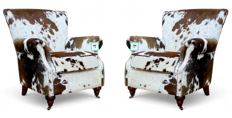 Pair Of Rustic Cowhide Armchairs – Handmade Western Accent Chairs with Genuine Leather