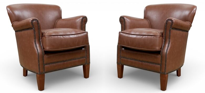 Pair Of Saddle Brown Leather Club Chairs With Nailhead Trim
