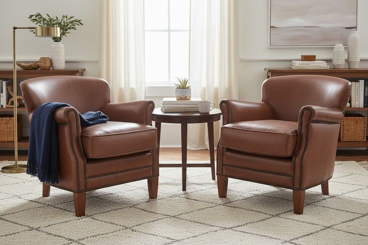 Pair Of Saddle Brown Leather Club Chairs With Nailhead Trim