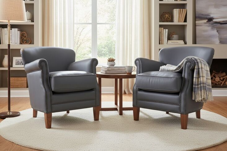Pair Of Steel Grey Leather Club Chairs With Nailhead Trim