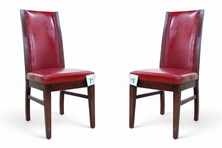Pair Of Studded Red Distressed Leather Dining Chairs