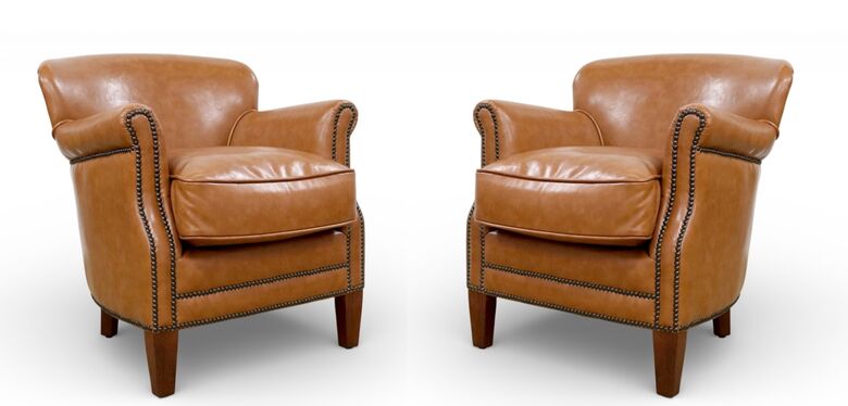 Pair Of Toffee Leather Club Chairs With Nailhead Trim