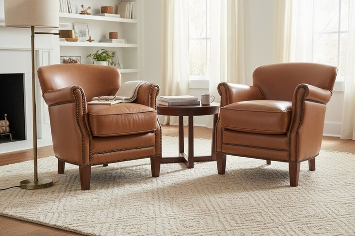 Pair Of Toffee Leather Club Chairs With Nailhead Trim