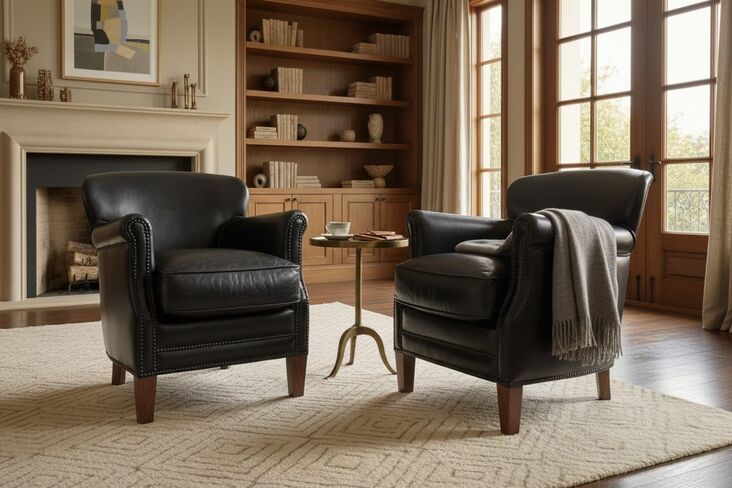 Pair Of Vintage Black Leather Club Chairs With Nailhead Trim