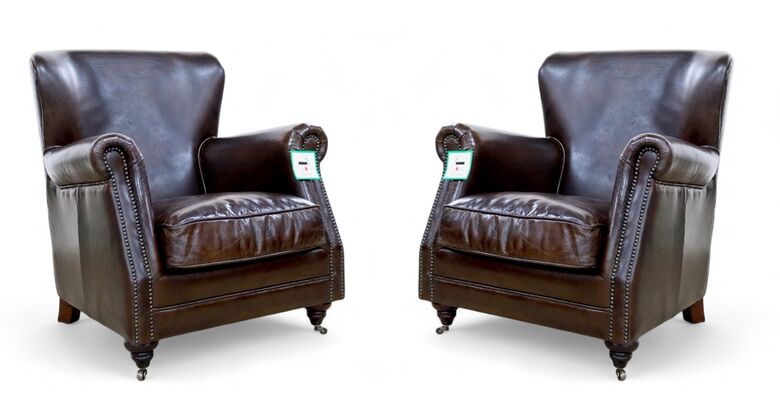 Pair Of Vintage Brown Leather Armchairs – High-Back, Rolled Arms, Nailhead Trim