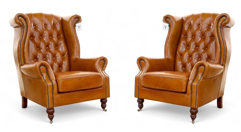 Pair Of Vintage Chesterfield Distressed Tan Leather High Back Chairs
