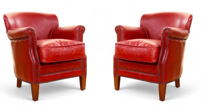 Pair Of Vintage Red Leather Club Chairs With Nailhead Trim