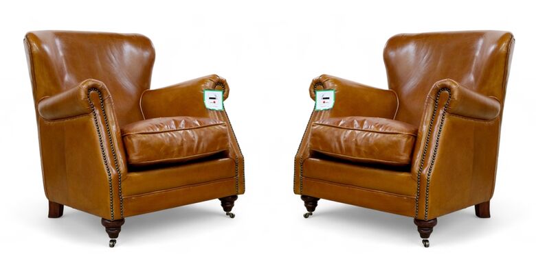 Pair Of Vintage Tan Leather Armchairs – High-Back, Rolled Arms, Nailhead Trim