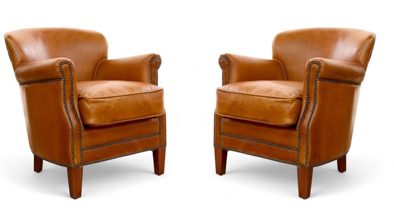 Pair Of Vintage Tan Leather Club Chairs With Nailhead Trim