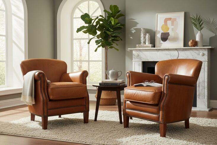 Pair Of Vintage Tan Leather Club Chairs With Nailhead Trim