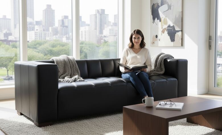 Premium Modern Black Leather Sofa – Contemporary 3 Seater Design