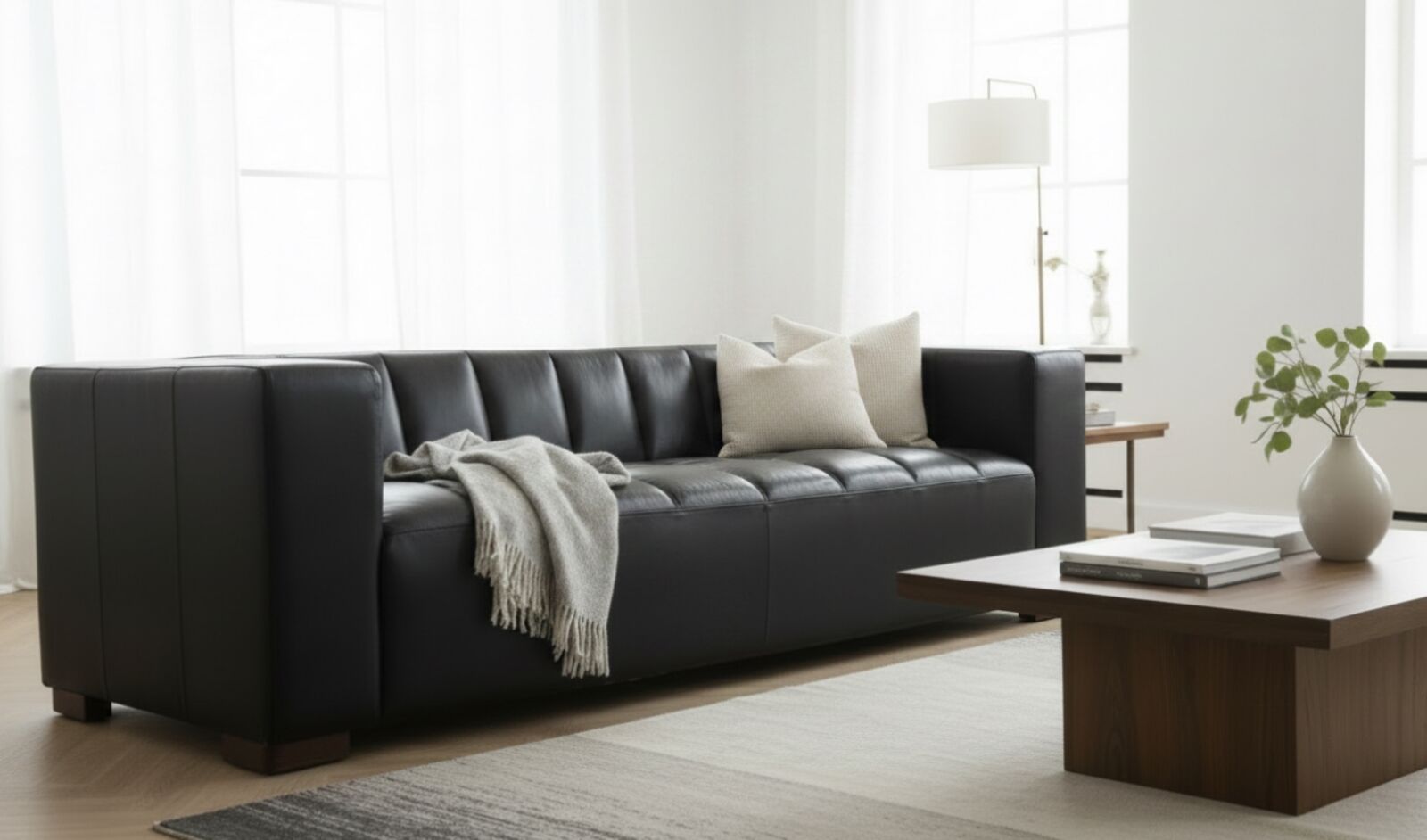 Premium Modern Black Leather Sofa Contemporary 3 Seater Design