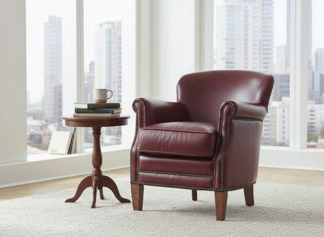 Professor Style Burgandy Leather Club Chair With Nailhead Trim