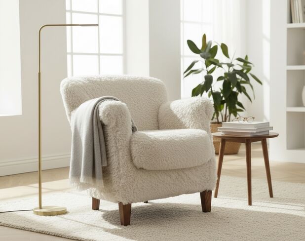 Professor Style Fur Club Chair Plush Cream Lounge Accent Chair