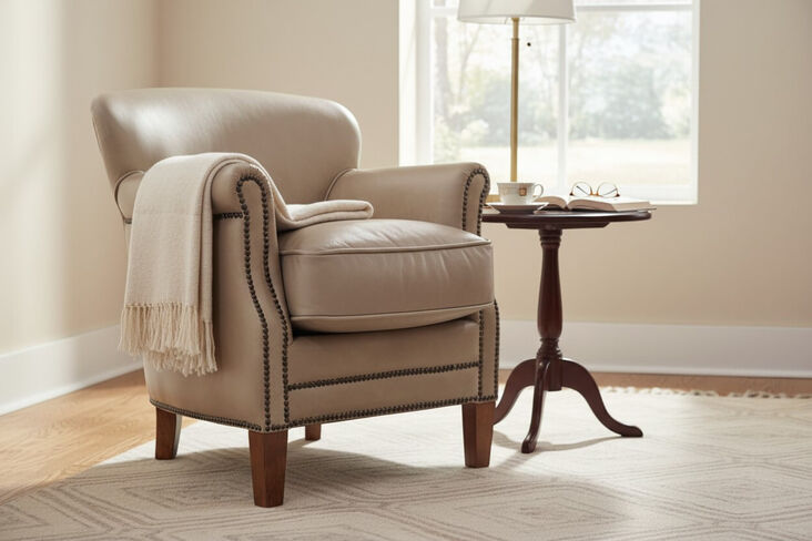 Professor Style Mushroom Leather Club Chair With Nailhead Trim