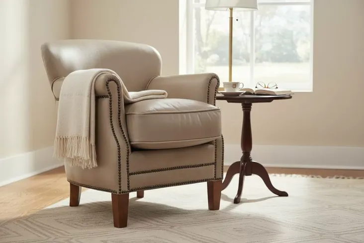 Professor Style Mushroom Leather Club Chair With Nailhead Trim