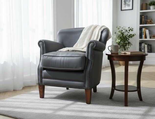 Professor Style Steel Grey Leather Club Chair With Nailhead Trim