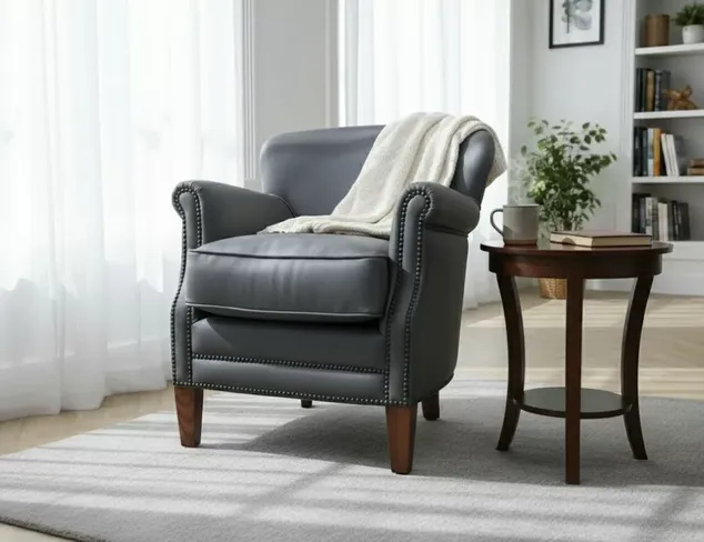 Professor Style Steel Grey Leather Club Chair With Nailhead Trim