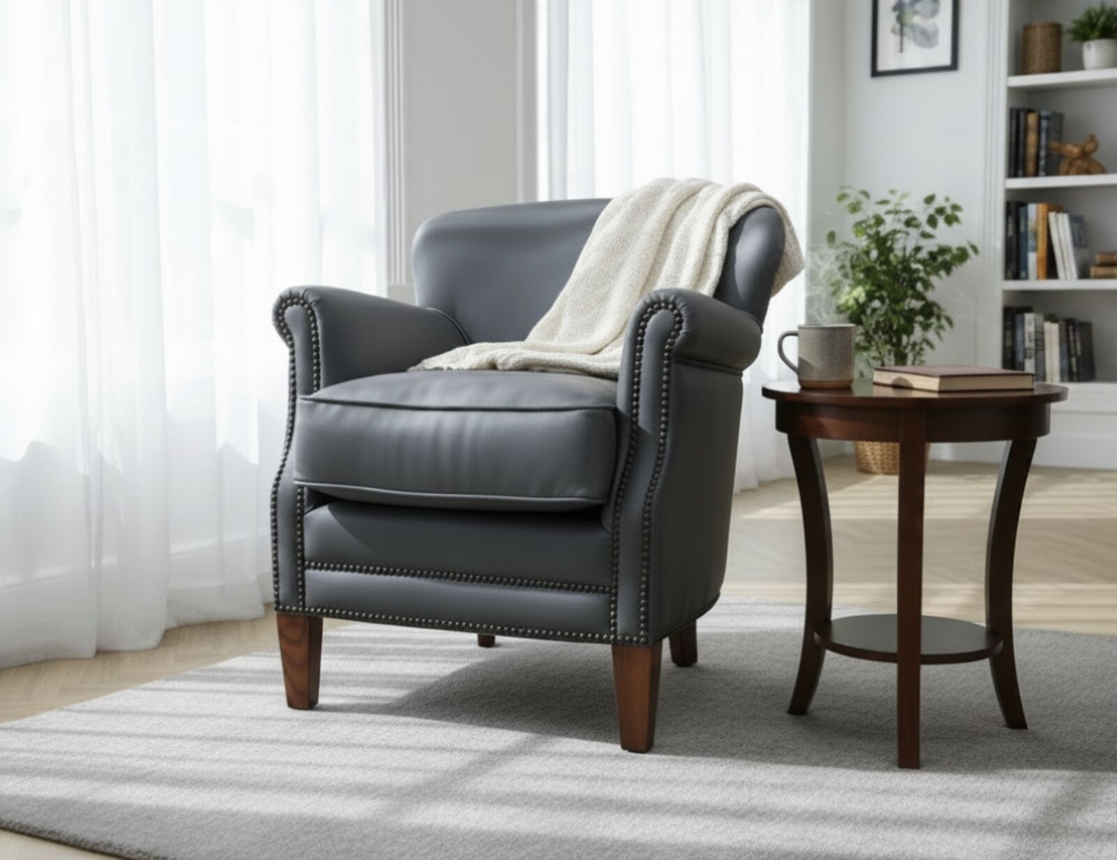 Professor Style Steel Grey Leather Club Chair With Nailhead Trim