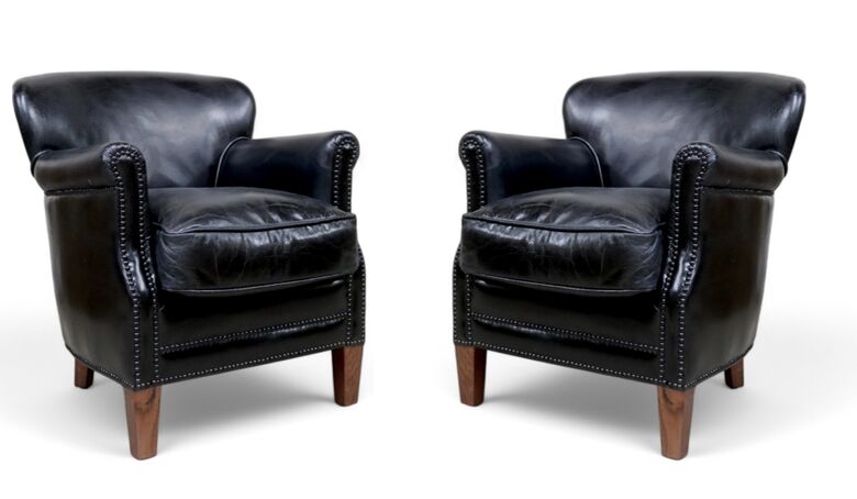 Pair Of Vintage Black Leather Club Chairs With Nailhead Trim
