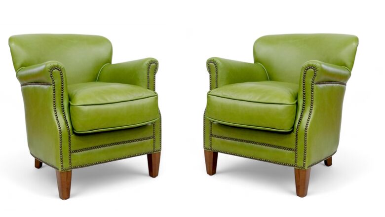 Pair Of Olive Green Leather Club Chairs With Nailhead Trim