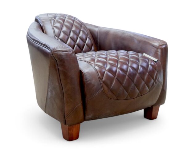 Vintage Quilted Brown Leather Tub Chair – Distressed Armchair for Living Room or Office