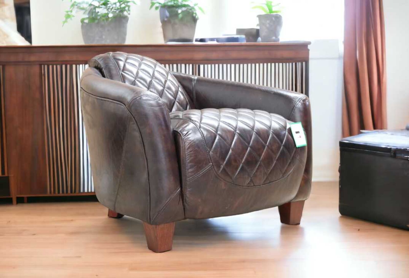 Product photograph of Quilted Vintage Tobacco Distressed Leather Tub Chair from Designer Sofas 4U