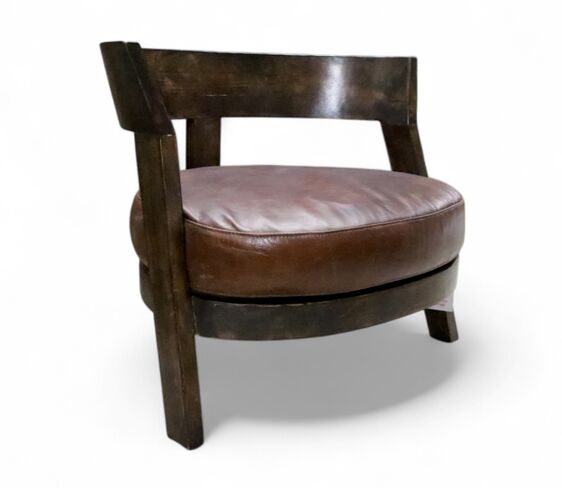 Round Wooden Vintage Brown Leather Tub Chair
