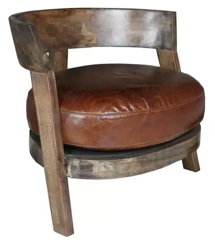 Round Wooden Vintage Leather Tub Chair