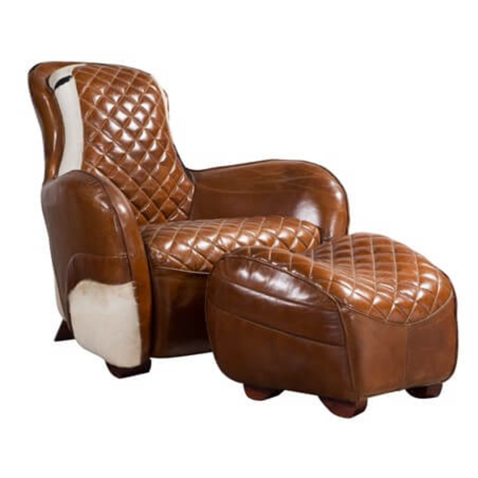 Product photograph of Saddle Vintage Lounge Distressed Hair On Hide Leather Chair With Footstool from Designer Sofas 4U