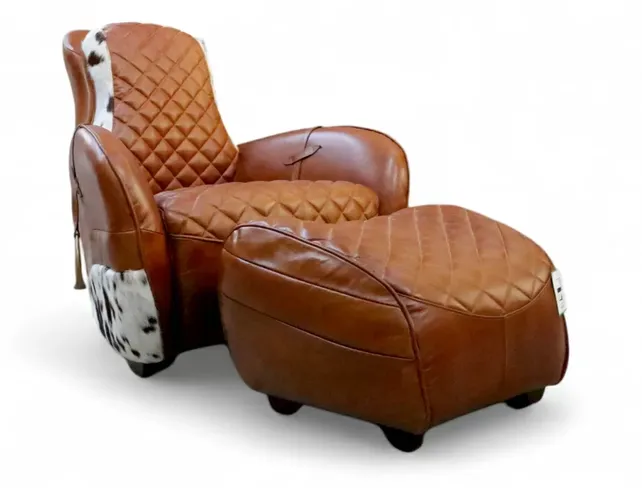 Saddle Vintage Tan Lounge Distressed Hair On Hide Leather Chair With Footstool