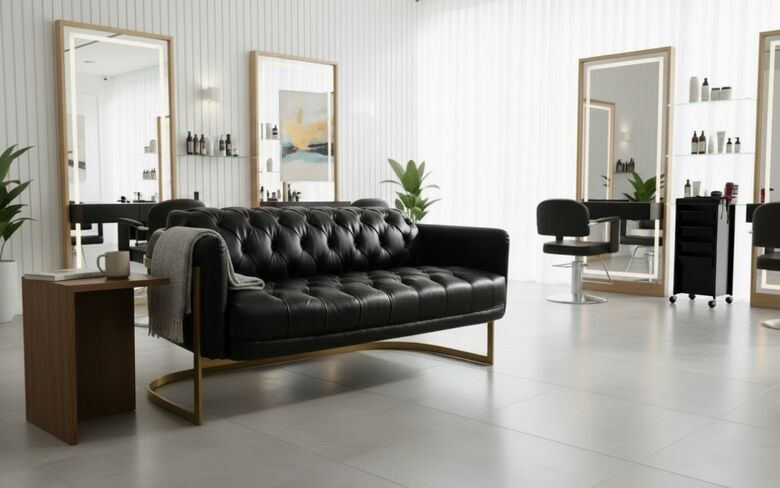 Salon Barber Chesterfield Buttoned 3 Seater Vintage Black Leather Sofa