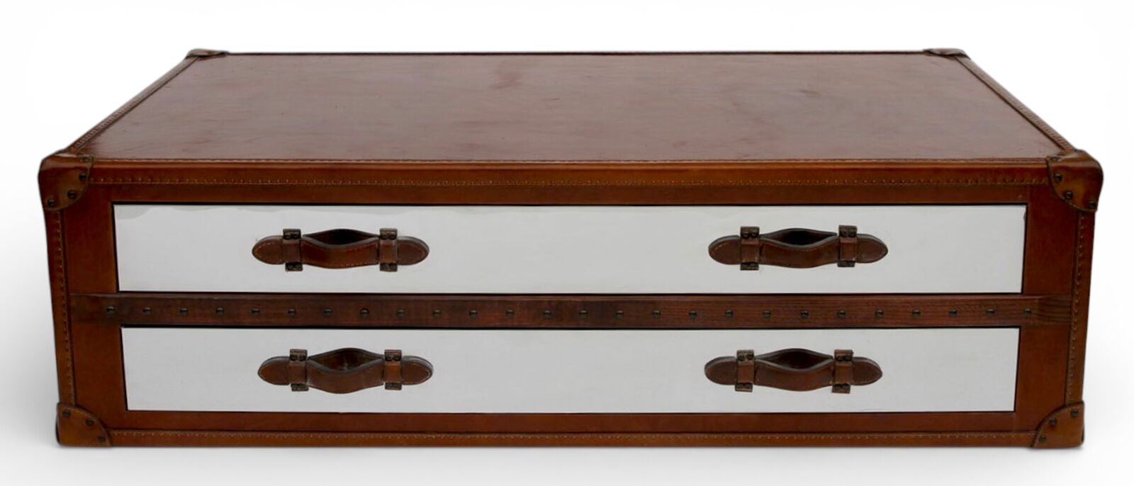 Sherbourne Leather Trunk Coffee Table with Drawers Campaign Style